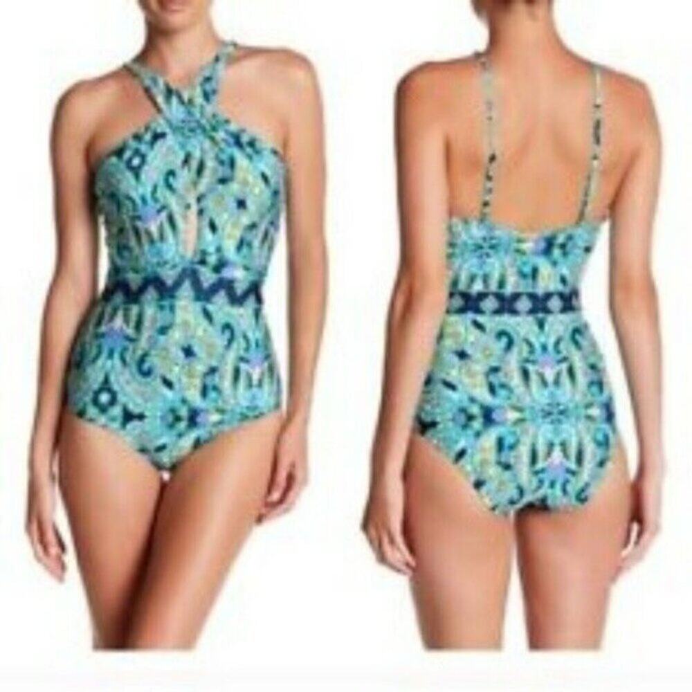 Laundry Crossover Cutout Plunge Paisley Swimsuit Aqua Green Sz Small